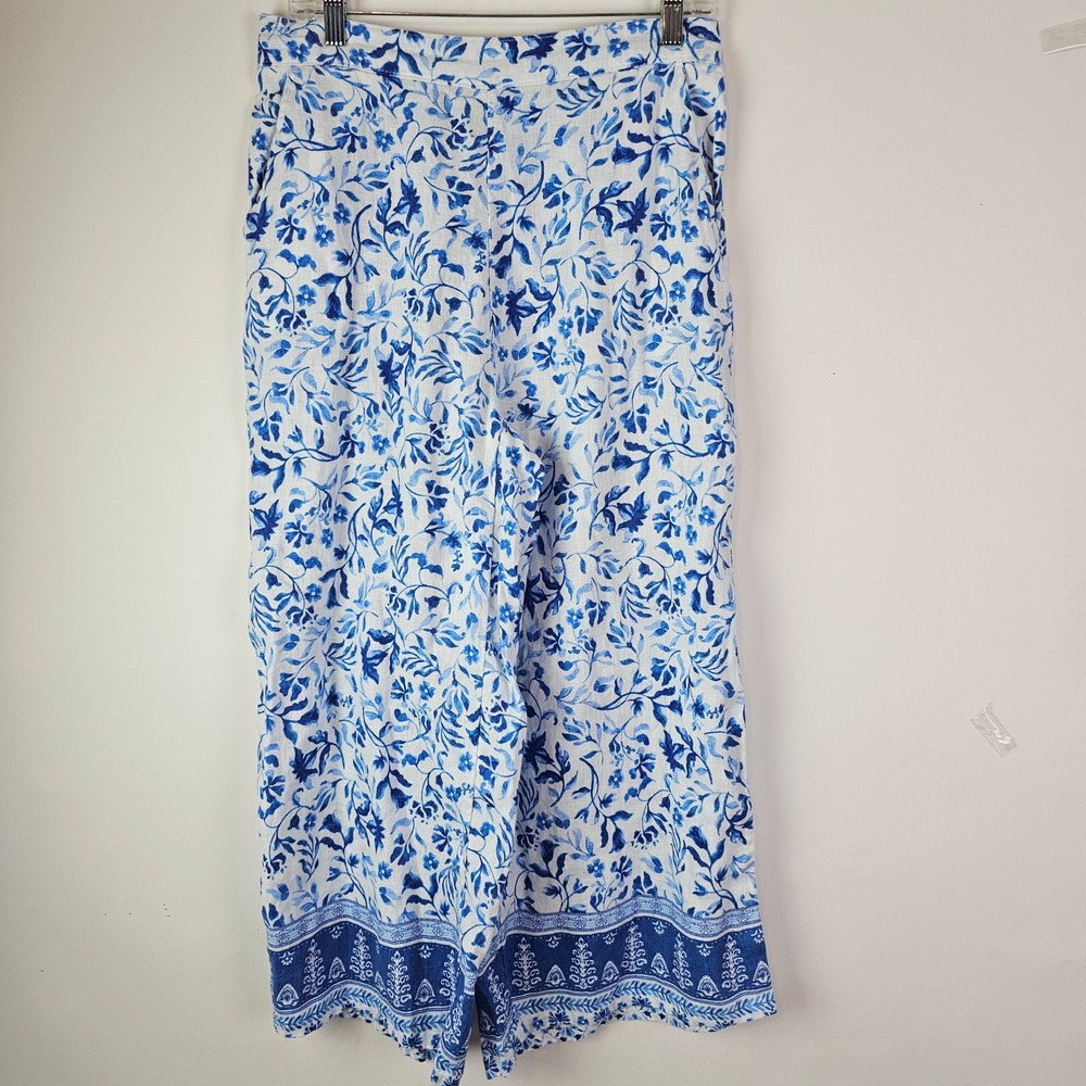 Joie Blue White Floral 100% Linen Wide Leg Crop Pants Boho Floral Coastal Size M